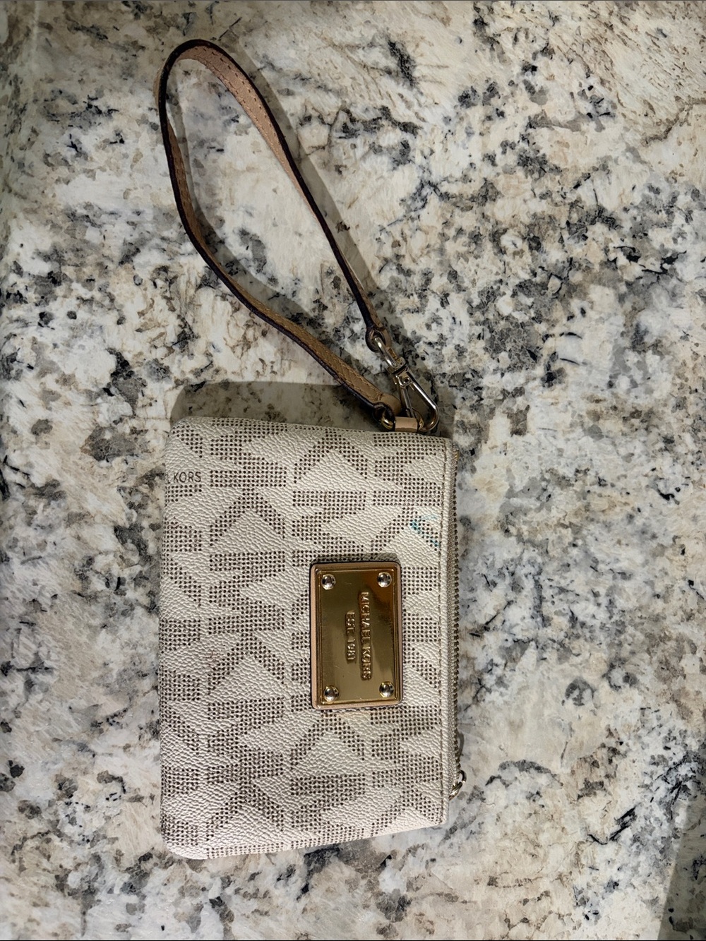 Michael Kors Cream Signature Logo Wristlet with Gold Plaque